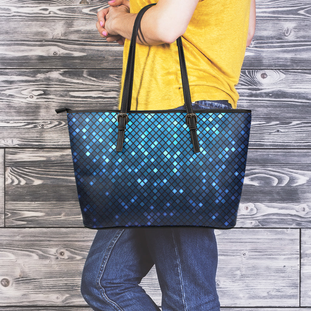 Blue Disco Lights Pattern Print Leather Tote Bag