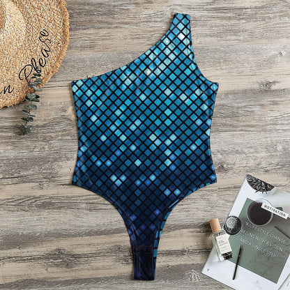 Blue Disco Lights Pattern Print One Shoulder Bodysuit