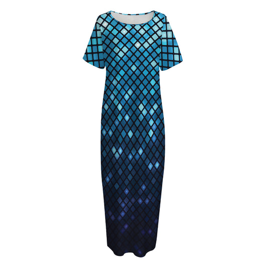 Blue Disco Lights Pattern Print Short Sleeve Long Nightdress