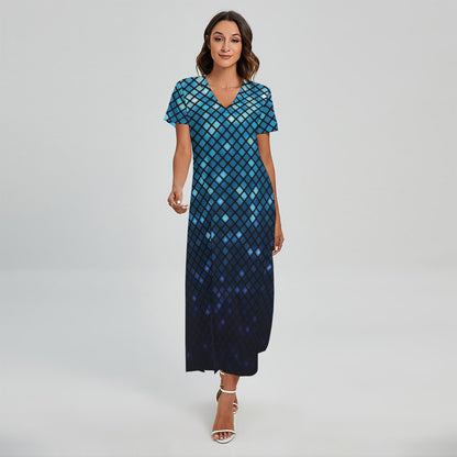 Blue Disco Lights Pattern Print Short Sleeve Maxi Dress