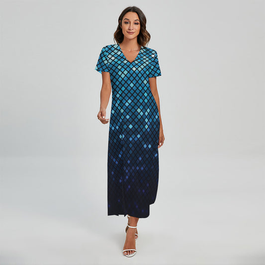 Blue Disco Lights Pattern Print Short Sleeve Maxi Dress