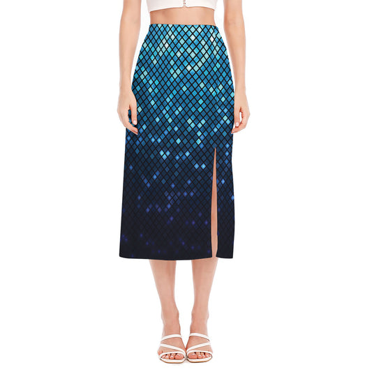 Blue Disco Lights Pattern Print Side Slit Midi Skirt