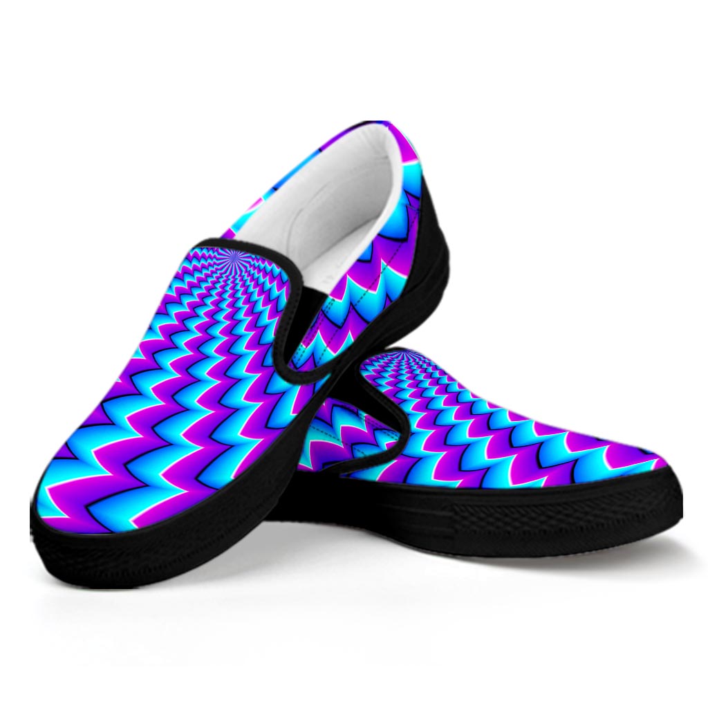 Blue Dizzy Moving Optical Illusion Black Slip On Sneakers