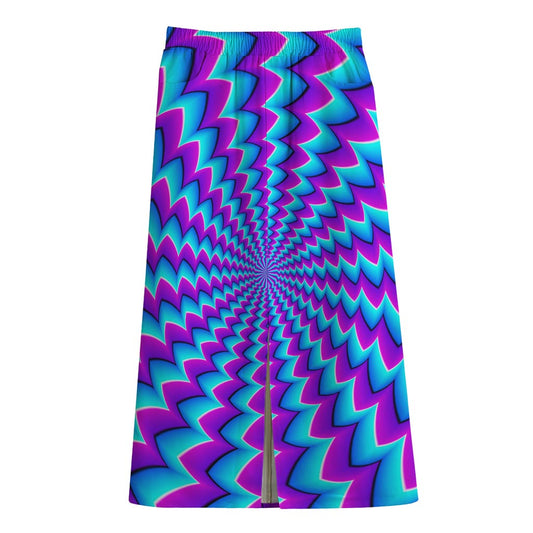 Blue Dizzy Moving Optical Illusion Cotton Front Slit Maxi Skirt