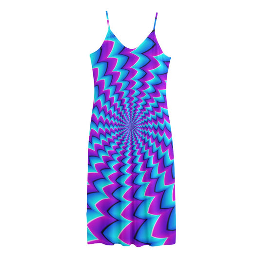 Blue Dizzy Moving Optical Illusion Jersey Midi Cami Dress