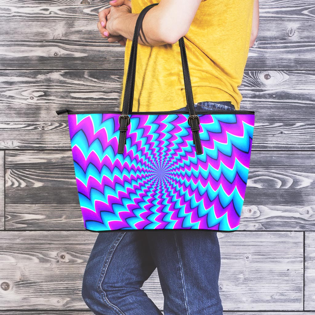 Blue Dizzy Moving Optical Illusion Leather Tote Bag