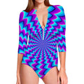 Blue Dizzy Moving Optical Illusion Long Sleeve Swimsuit