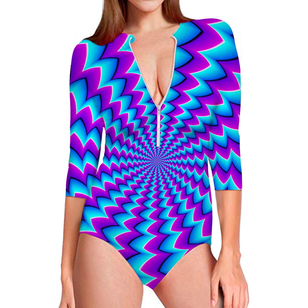 Blue Dizzy Moving Optical Illusion Long Sleeve Swimsuit