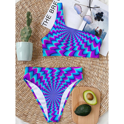 Blue Dizzy Moving Optical Illusion One Shoulder Bikini Top