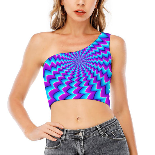 Blue Dizzy Moving Optical Illusion One Shoulder Crop Top