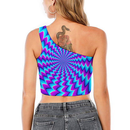 Blue Dizzy Moving Optical Illusion One Shoulder Crop Top