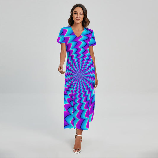Blue Dizzy Moving Optical Illusion Short Sleeve Maxi Dress