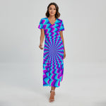 Blue Dizzy Moving Optical Illusion Short Sleeve Maxi Dress