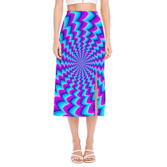 Blue Dizzy Moving Optical Illusion Side Slit Midi Skirt