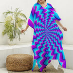 Blue Dizzy Moving Optical Illusion Silk V-Neck Kaftan Dress