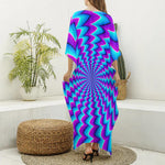 Blue Dizzy Moving Optical Illusion Silk V-Neck Kaftan Dress