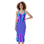 Blue Dizzy Moving Optical Illusion Slim Fit Midi Cami Dress