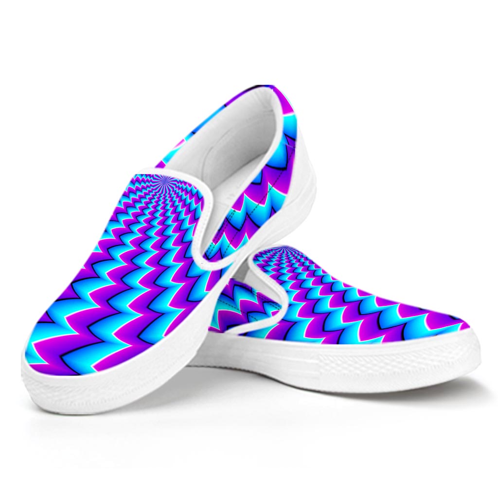 Blue Dizzy Moving Optical Illusion White Slip On Sneakers
