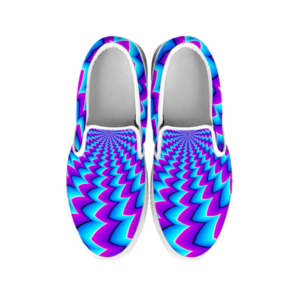 Blue Dizzy Moving Optical Illusion White Slip On Sneakers