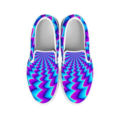 Blue Dizzy Moving Optical Illusion White Slip On Sneakers