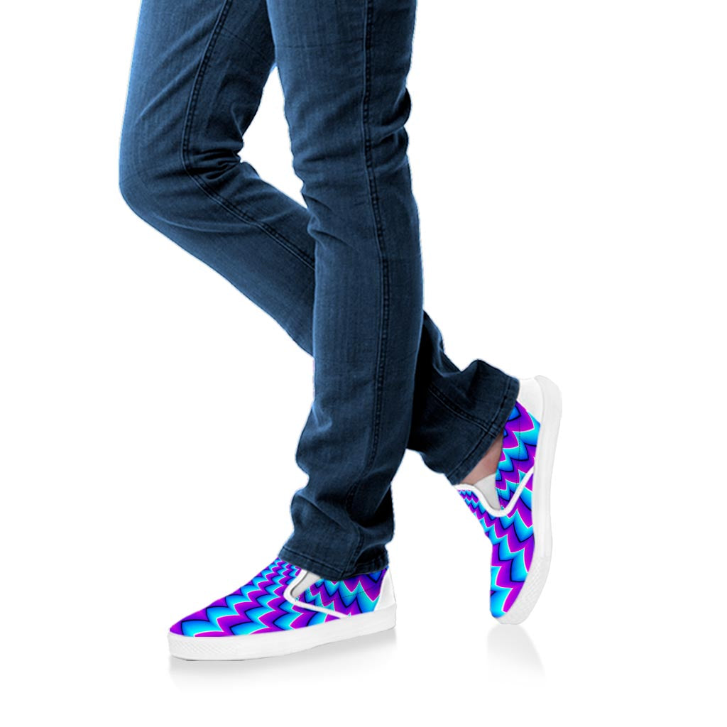 Blue Dizzy Moving Optical Illusion White Slip On Sneakers