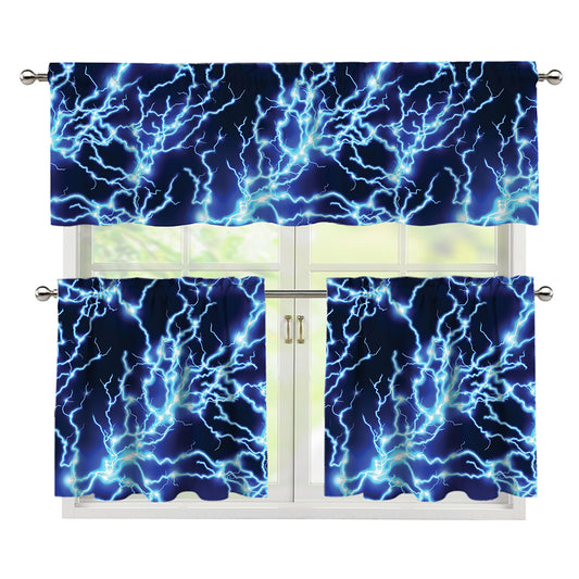 Blue Electric Lightning Print 3 Piece Kitchen Curtains