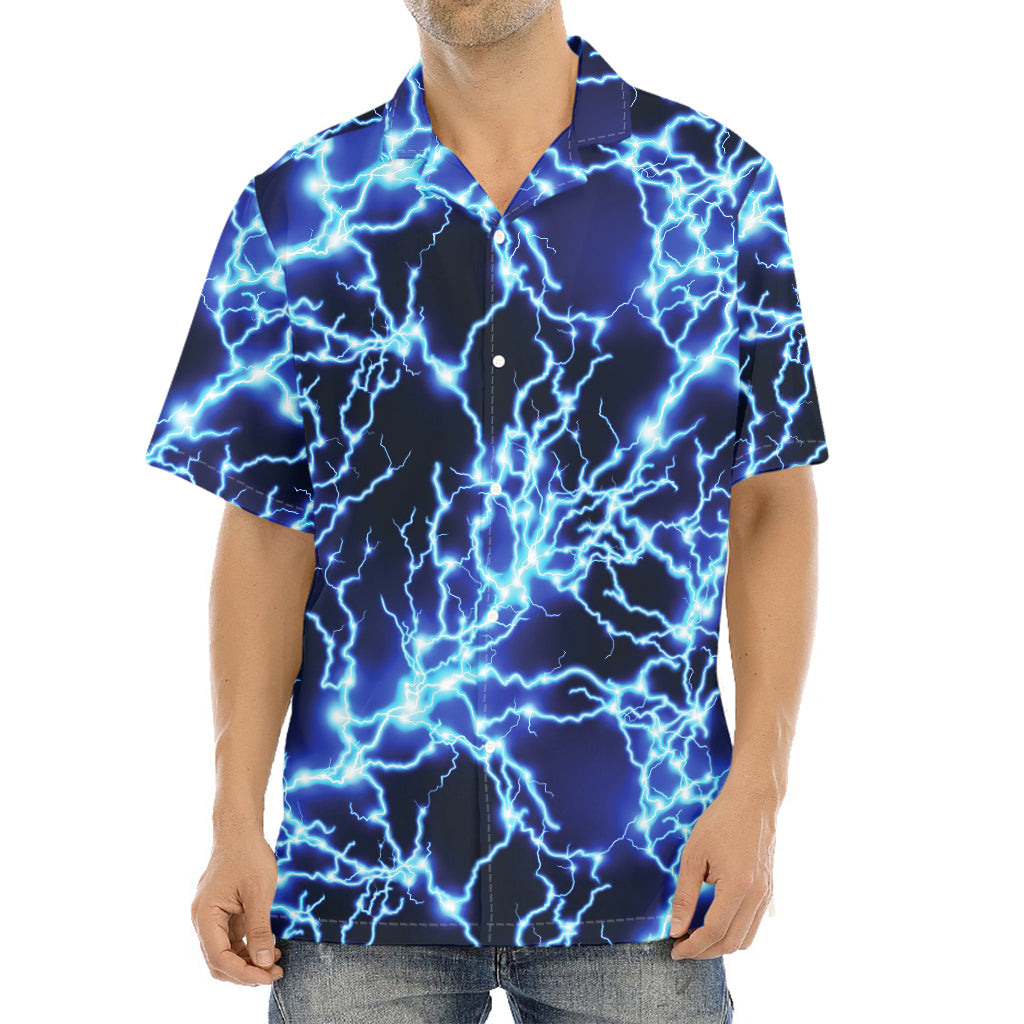 Blue Electric Lightning Print Aloha Shirt