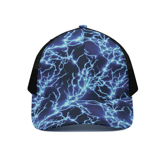 Blue Electric Lightning Print Black Mesh Trucker Cap