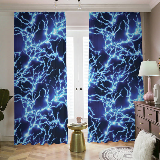 Blue Electric Lightning Print Blackout Pencil Pleat Curtains