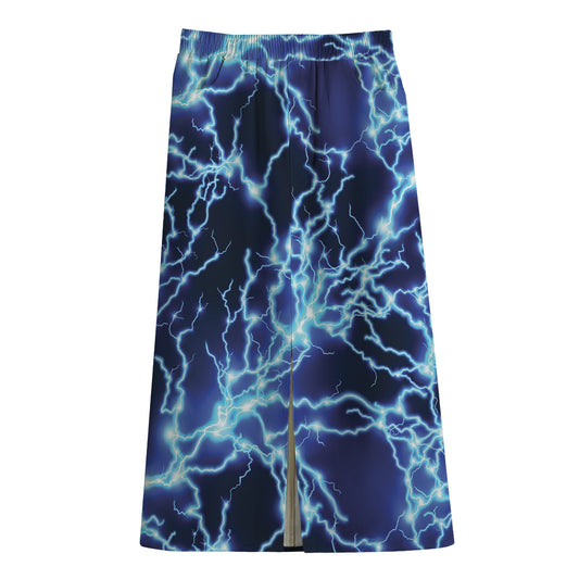 Blue Electric Lightning Print Cotton Front Slit Maxi Skirt