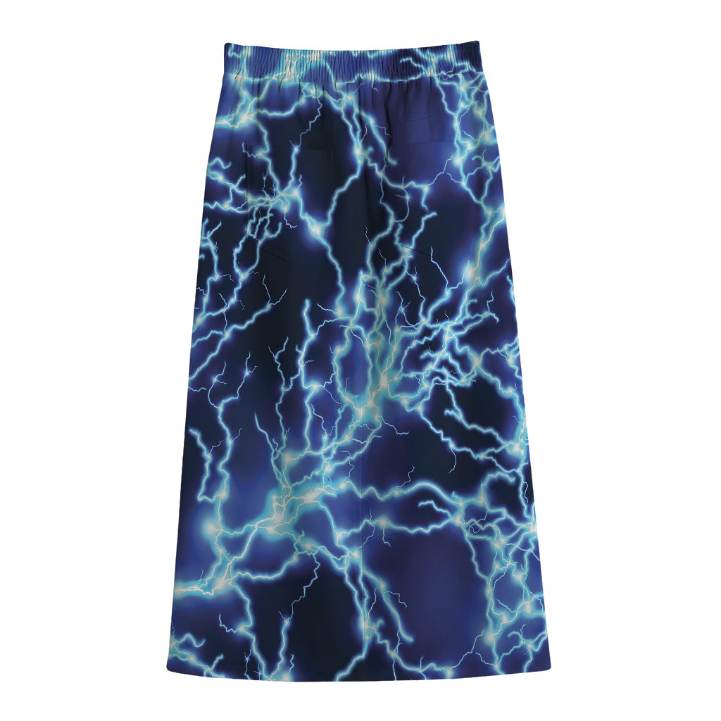 Blue Electric Lightning Print Cotton Front Slit Maxi Skirt