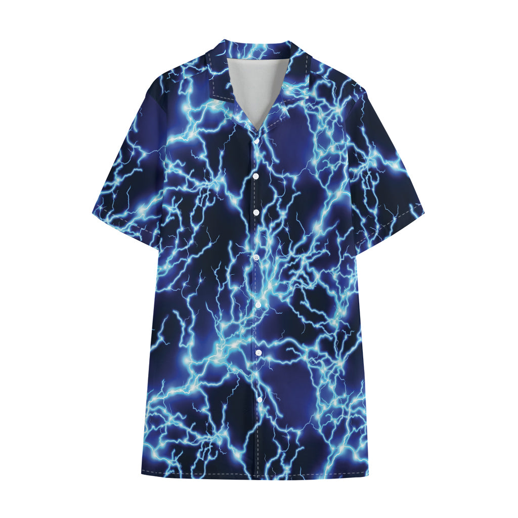 Blue Electric Lightning Print Cotton Hawaiian Shirt
