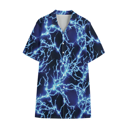 Blue Electric Lightning Print Cotton Hawaiian Shirt