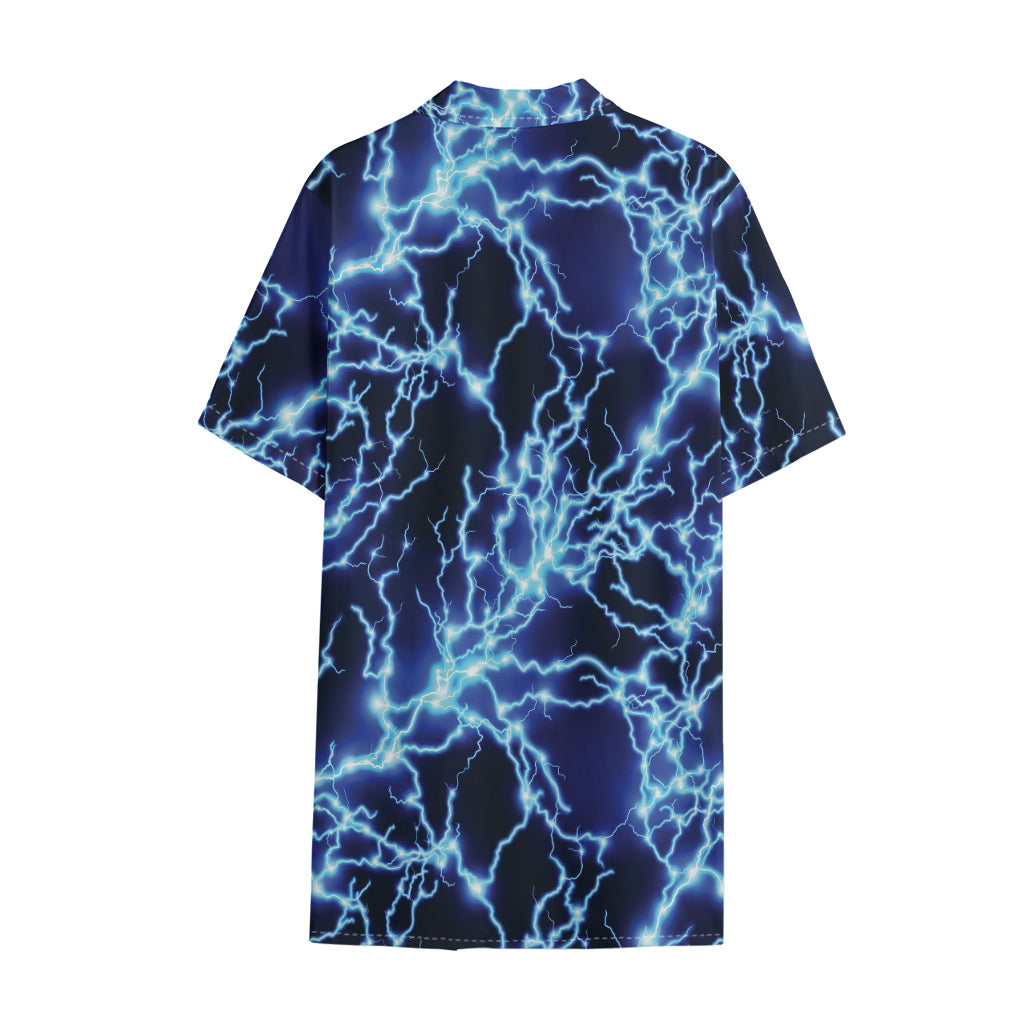 Blue Electric Lightning Print Cotton Hawaiian Shirt