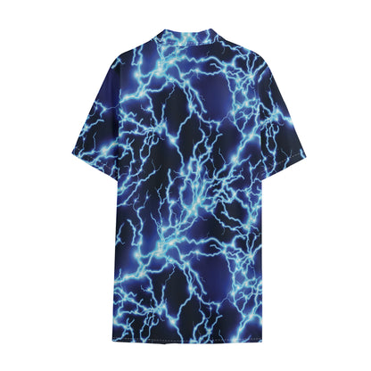 Blue Electric Lightning Print Cotton Hawaiian Shirt