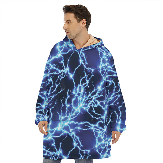 Blue Electric Lightning Print Hoodie Blanket