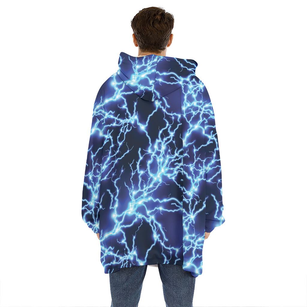 Blue Electric Lightning Print Hoodie Blanket