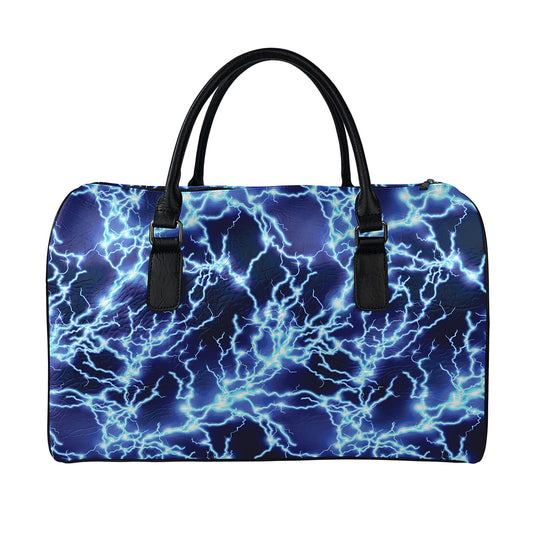 Blue Electric Lightning Print Leather Duffle Bag
