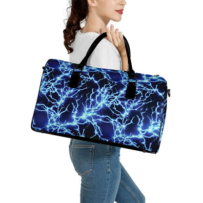 Blue Electric Lightning Print Leather Duffle Bag