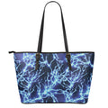 Blue Electric Lightning Print Leather Tote Bag With Zipper