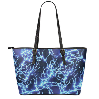 Blue Electric Lightning Print Leather Tote Bag