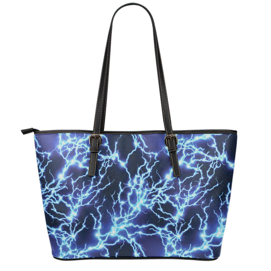 Blue Electric Lightning Print Leather Tote Bag