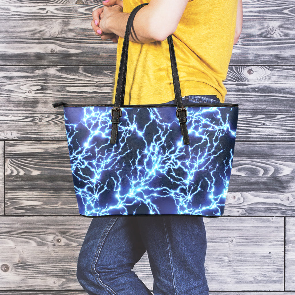 Blue Electric Lightning Print Leather Tote Bag