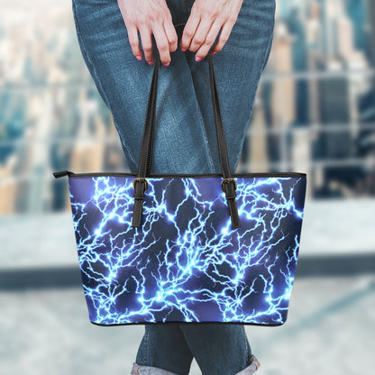 Blue Electric Lightning Print Leather Tote Bag