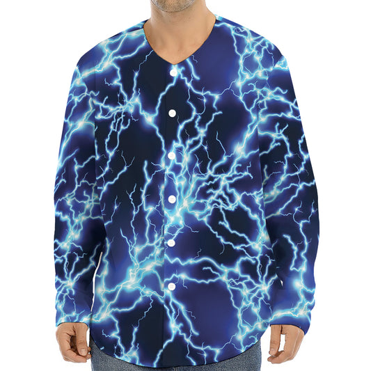 Blue Electric Lightning Print Long Sleeve Baseball Jersey