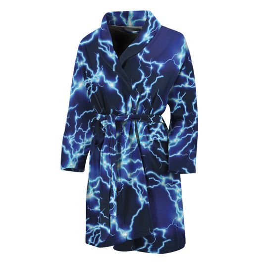 Blue Electric Lightning Print Men's Bathrobe