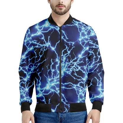 Blue Electric Lightning Print Men's Bomber Jacket