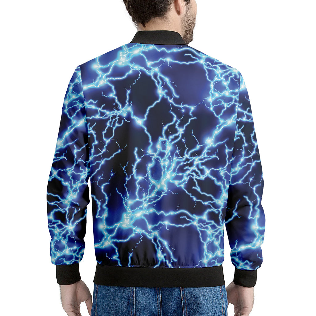 Blue Electric Lightning Print Men's Bomber Jacket