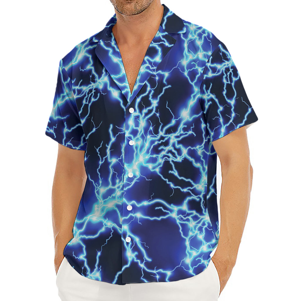 Blue Electric Lightning Print Men's Deep V-Neck Shirt