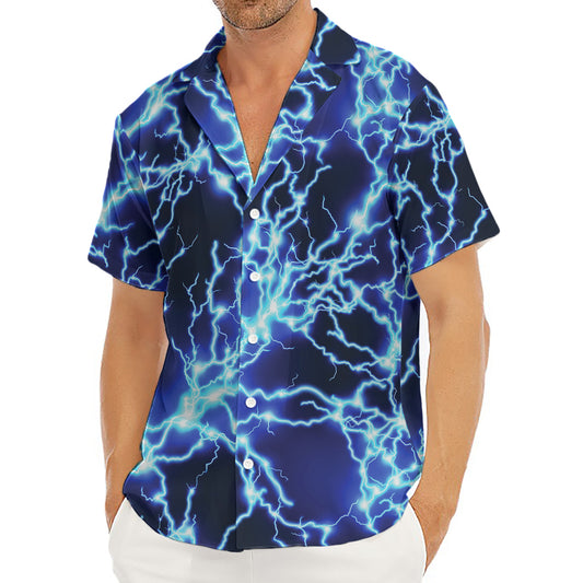 Blue Electric Lightning Print Men's Deep V-Neck Shirt